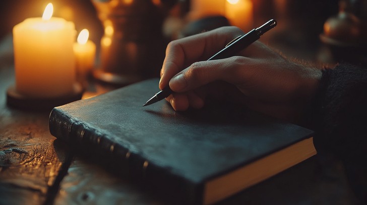 Hand writing in a leather journal by candlelight